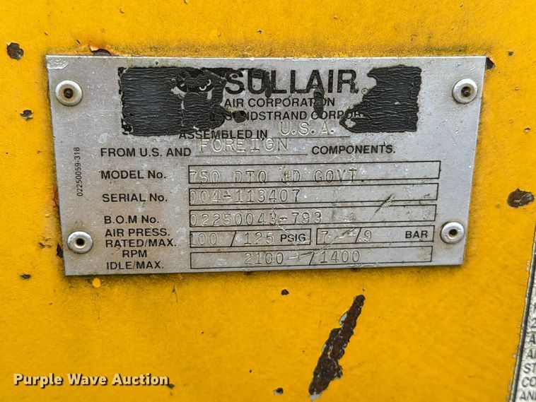 image for item FT5004 Sullair 750 DTQ JD GOVT air compressor