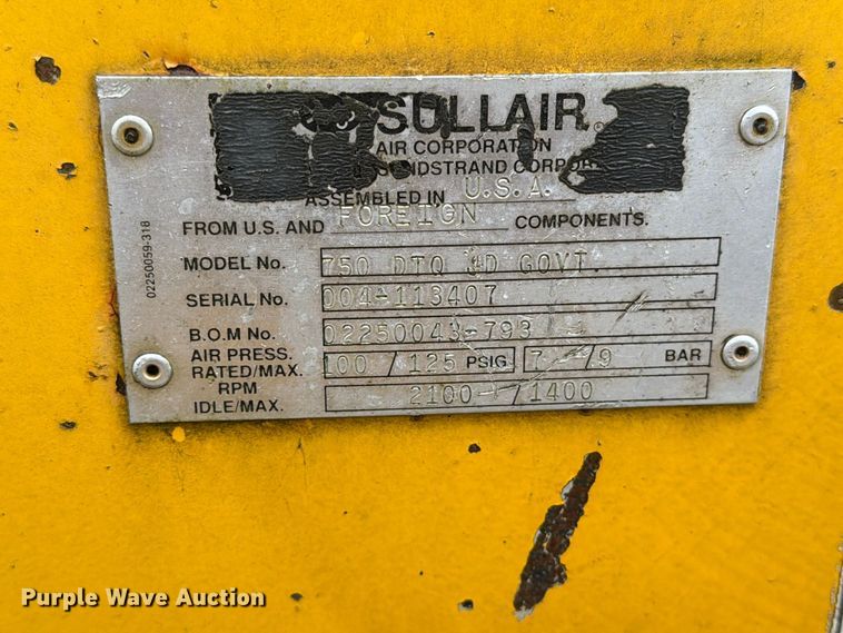 image for item FT5004 Sullair 750 DTQ JD GOVT air compressor
