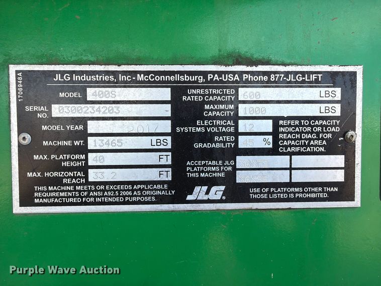 image for item FU0622 2017 JLG 400S boom lift