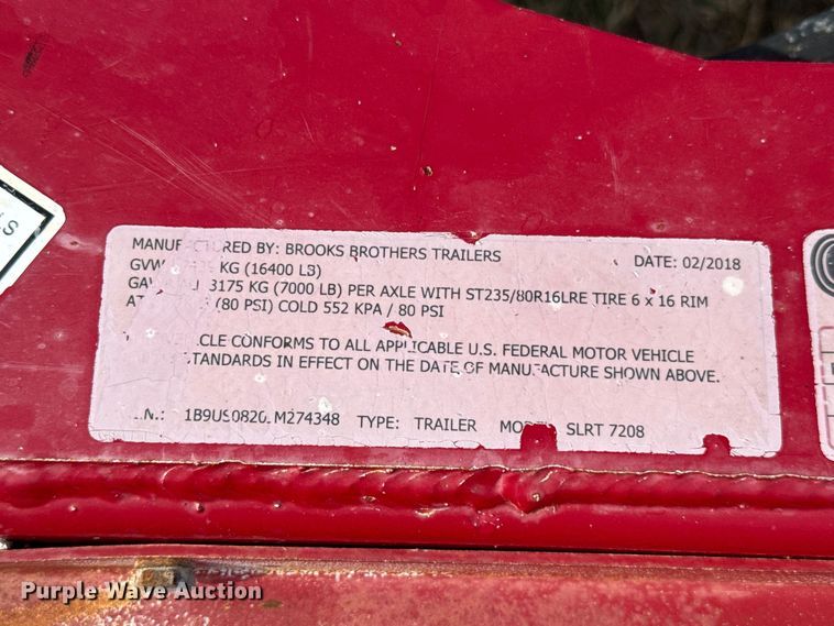 image for item FV2111 2018 Brooks Brothers SLRT 7208 reel trailer