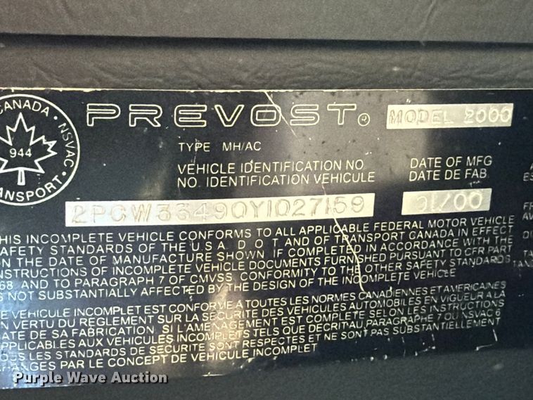 image for item FN2675 2001 Prevost XL2 RV