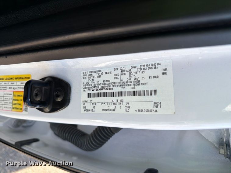 image for item YA5652 2021 Ford F150 Crew Cab pickup truck