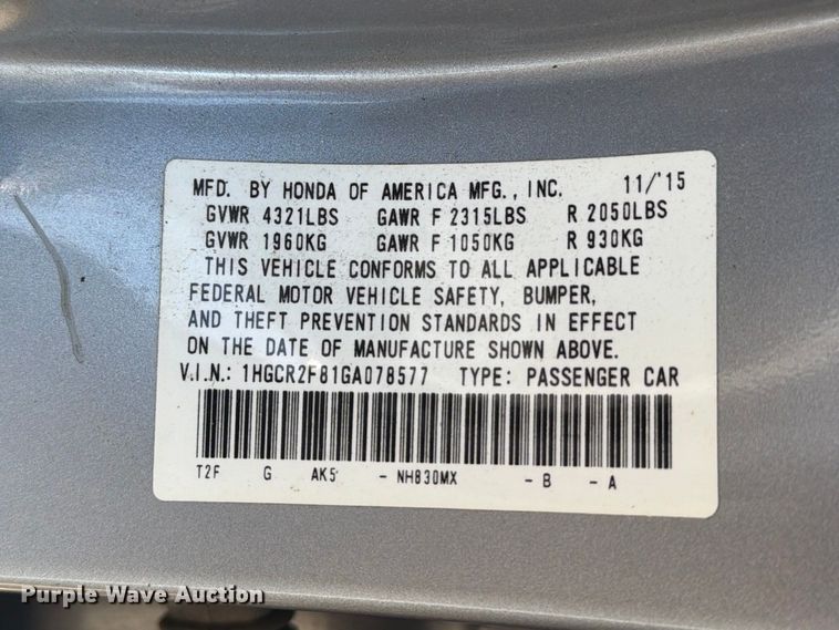 image for item EU0927 2016 Honda Accord 