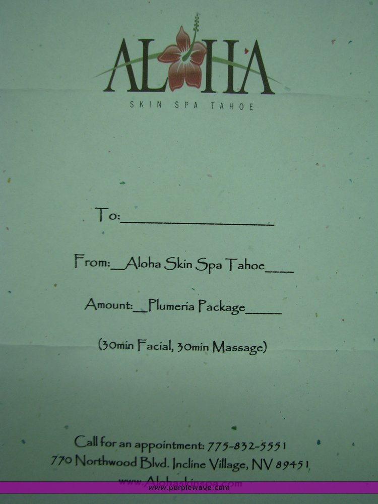 image for item 2030 Plumeria Gift Certificate for Aloha Skin Spa