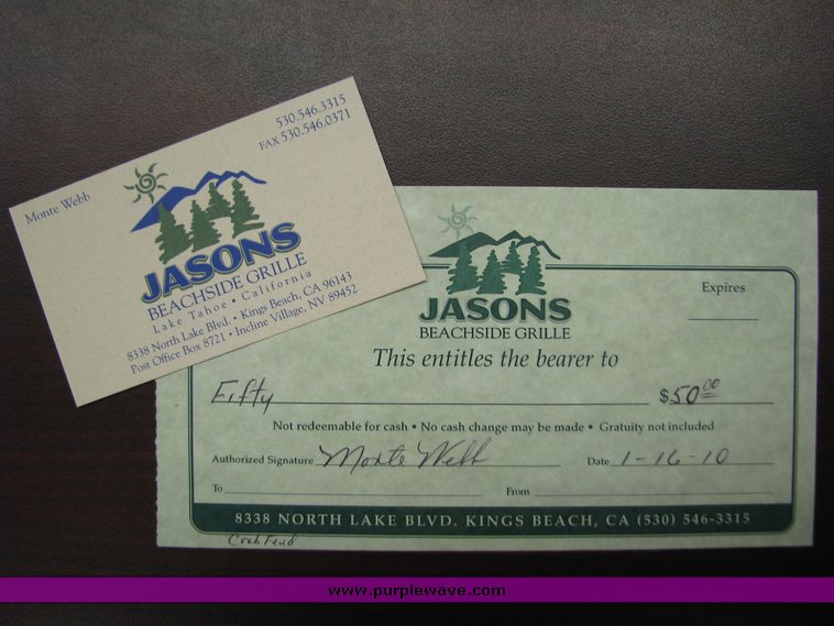 image for item 2044 $50 gift certificate for Jason's Beachside Grille