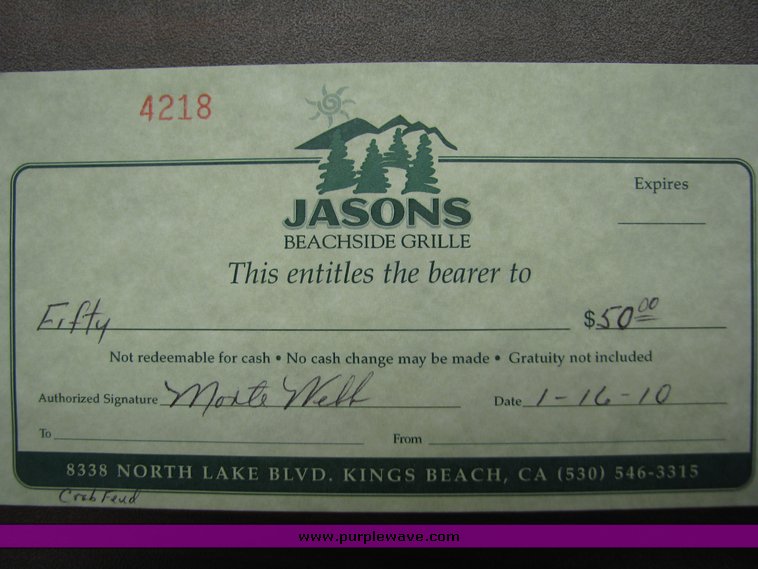image for item 2044 $50 gift certificate for Jason's Beachside Grille