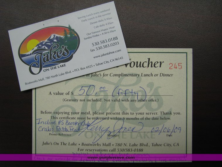image for item 2045 $50 gift certificate for Jake's on the Lake, Tahoe City