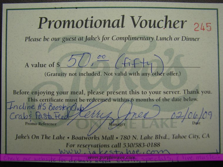 image for item 2045 $50 gift certificate for Jake's on the Lake, Tahoe City