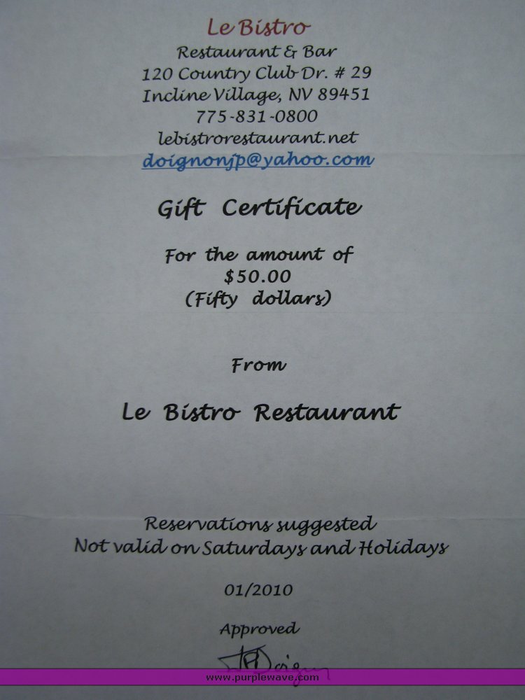 image for item 2047 $50 gift certificate at Le Bistro