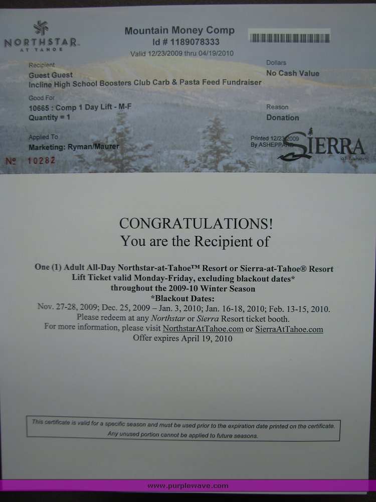 image for item 2052 Northstar or Sierra at Tahoe lift tickets