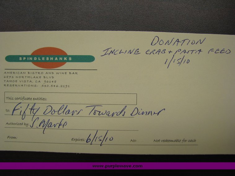 image for item 2054 $50 gift certificate to Spindle Shanks