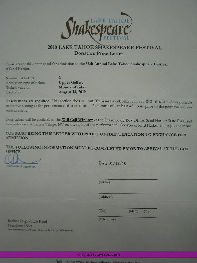 image for item 2055 Lake Tahoe Shakespeare Festival