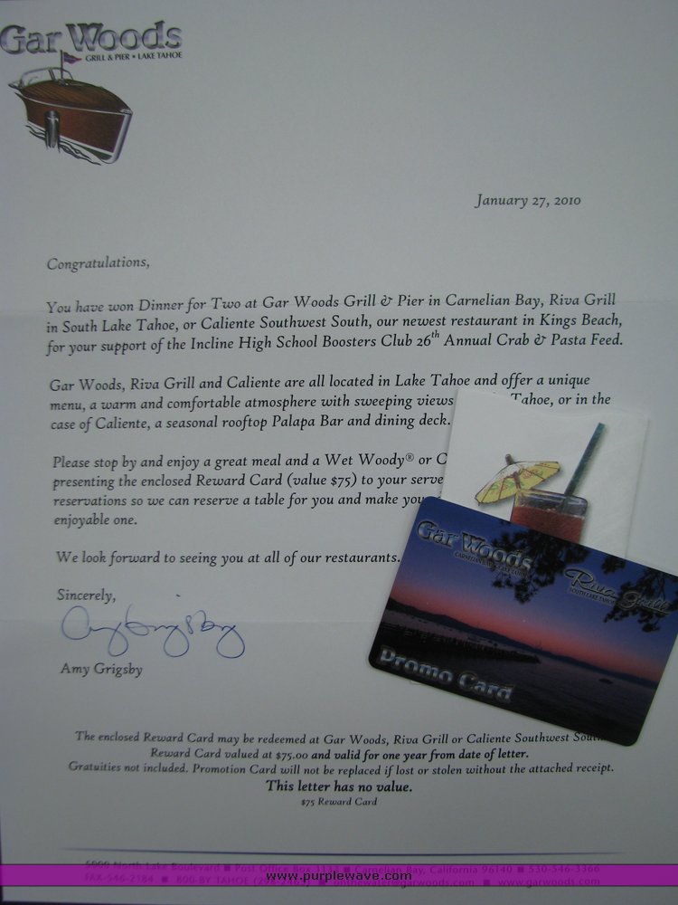 image for item 2060 $75 Gift Card to Gar Woods, Caliente, or Riva Grill restaurants