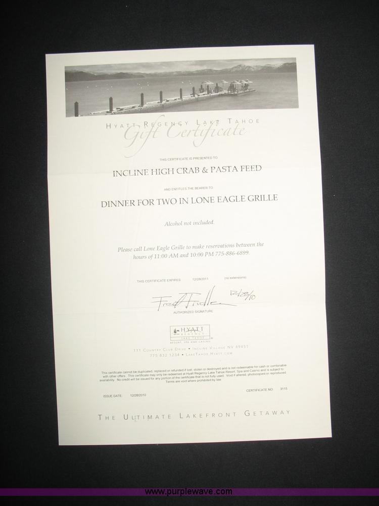 image for item 2008 Dinner for 2 at the Lone Eagle Grill